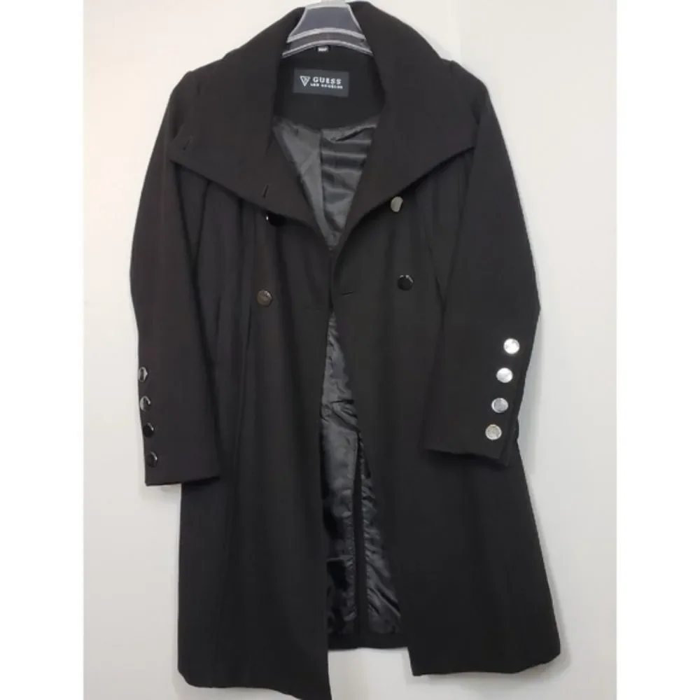 GUESS wool blend military style midi black silver buttons long over coat